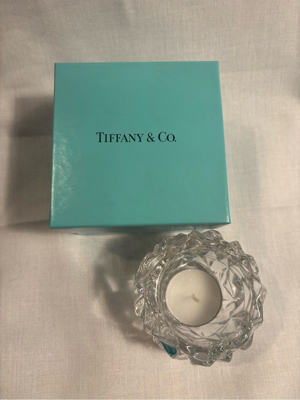 Tiffany & Co. crystal votive candle holder. Rock cut design.